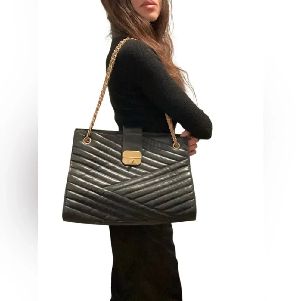 CHANEL Black Quilted Tote with Gold Chain